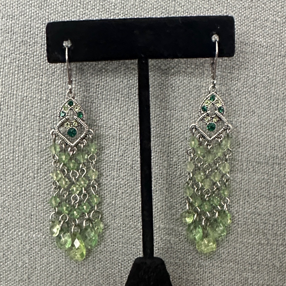 Elegant Silver and Green Chandelier Earrings
